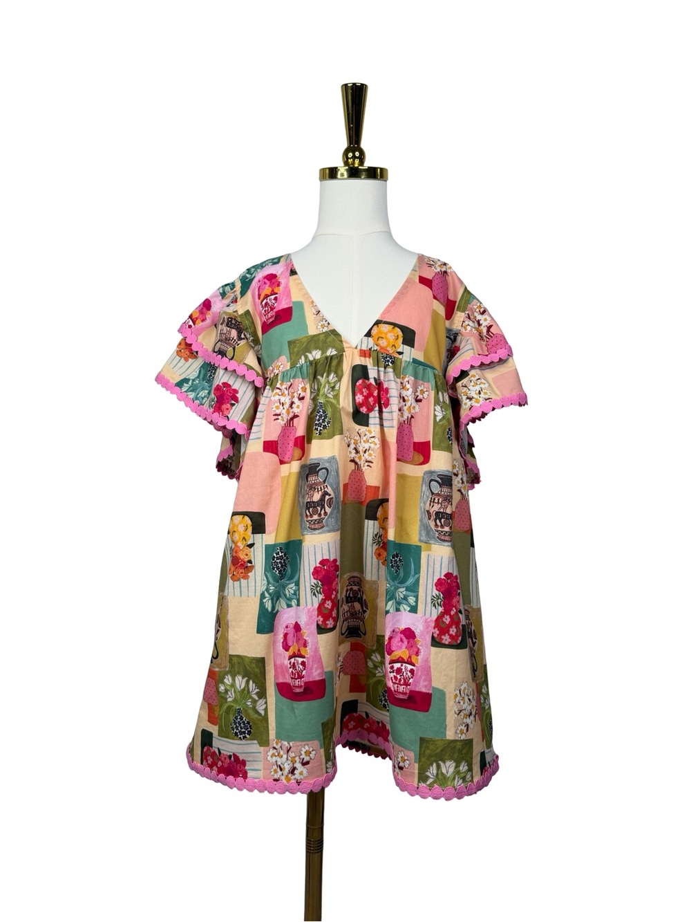 Entro Girls Floral Vase Print Flutter Sleeve Dress Small